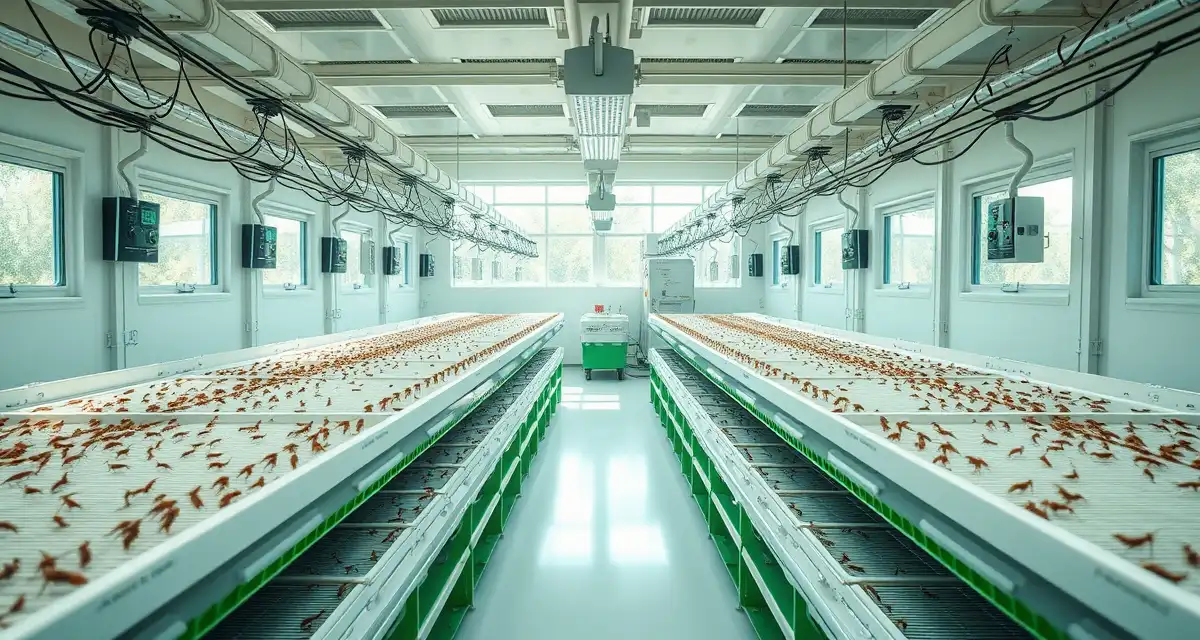 Farm-to-consumer cricket production traceability documentation Cricket farm traceability system showing organized breeding containers with lot number tracking labels and quality control monitoring equipment