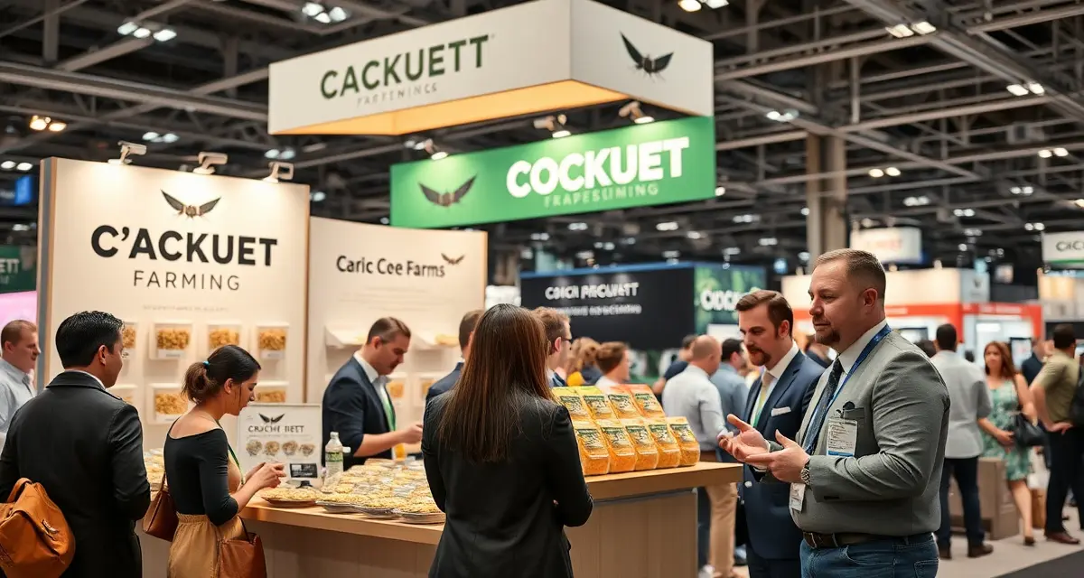 Effective cricket farm trade show booth strategy and networking Cricket farm trade show booth with product displays and business representatives networking with qualified buyer contacts at agricultural expo event.
