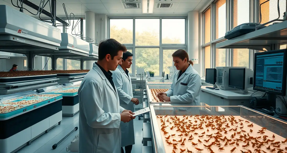 Academic research collaboration in cricket farming operations University partnership cricket farm laboratory showing researchers collaborating on insect protein production research and farming operations.