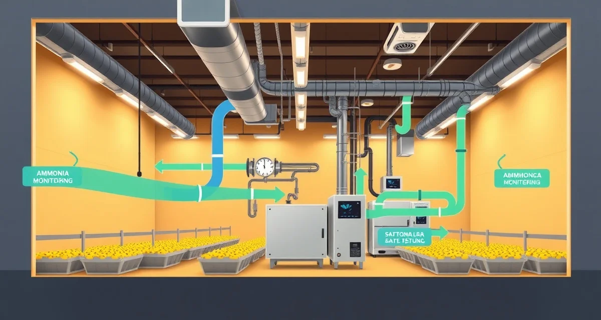 Ventilation system design for commercial cricket farming Cricket farm ventilation system diagram showing airflow paths and ammonia control equipment for optimal production conditions.