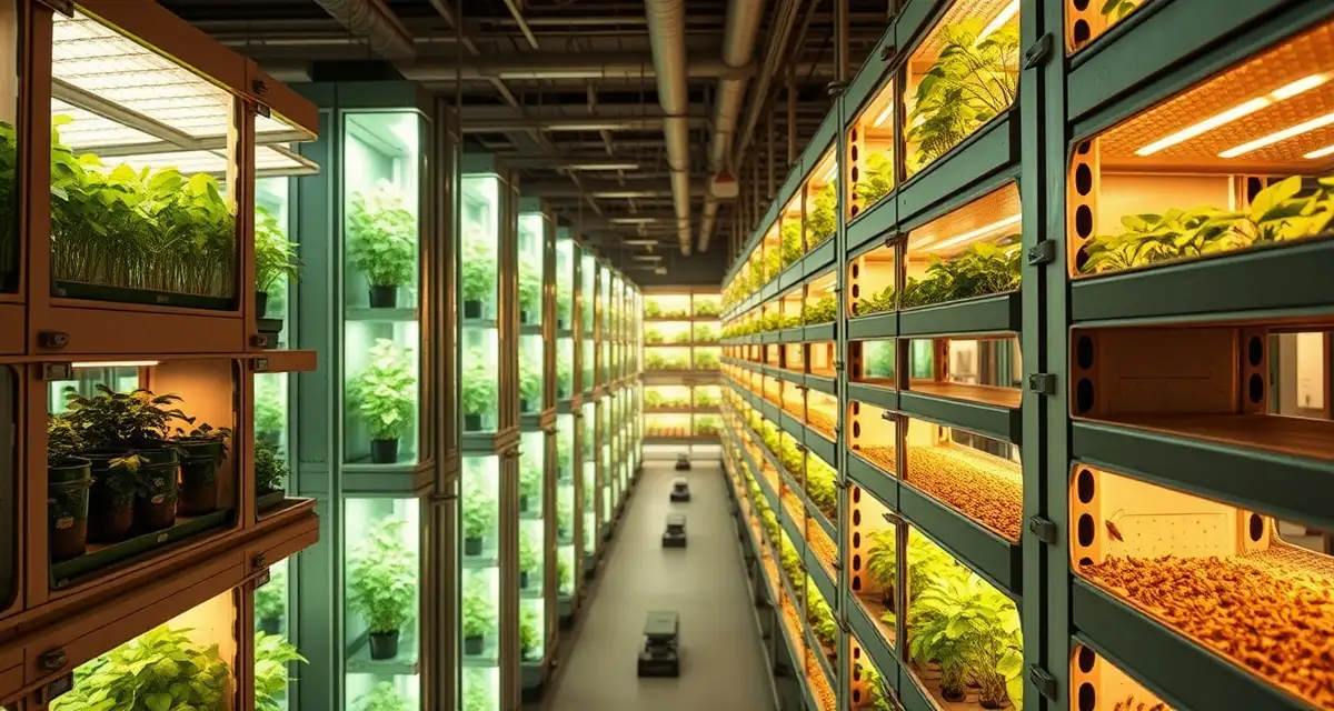 Sustainable integrated cricket and vertical farm operation Integrated cricket farm and vertical farming facility showing controlled environment agriculture with stacked growing systems and closed-loop production design.