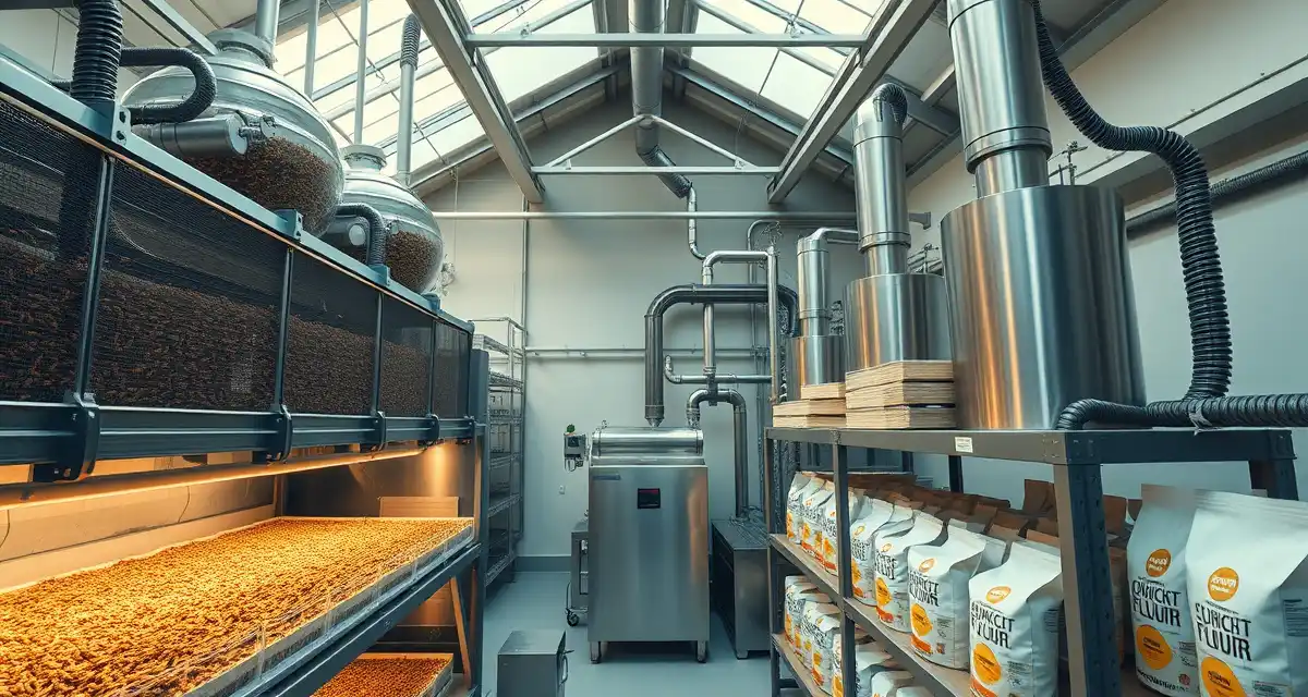 Vertical integration workflow in professional cricket farming operation Modern cricket farm vertical integration facility showing live cricket containment and processing equipment for cricket flour production.