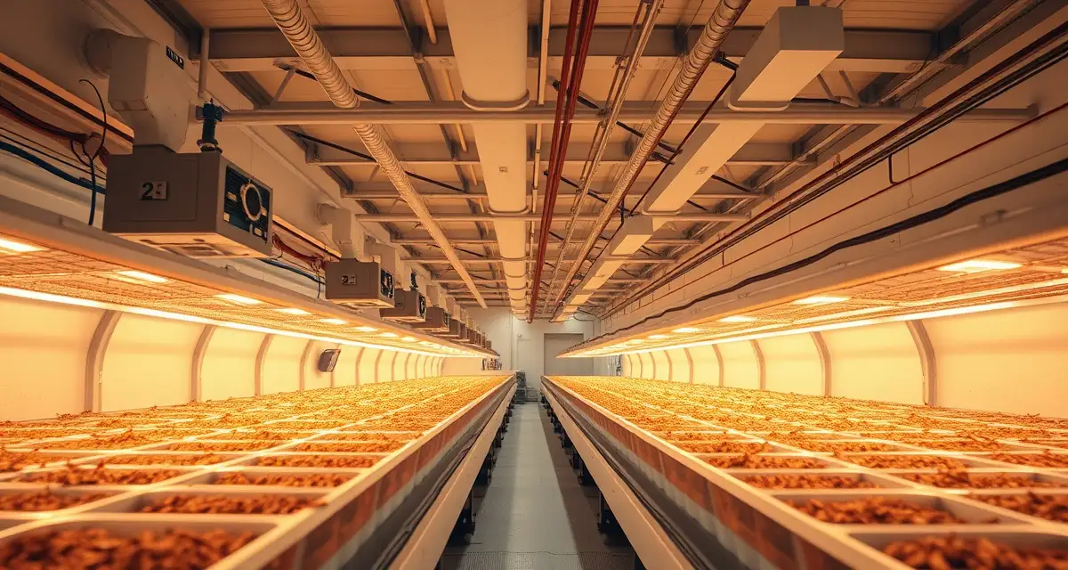 Cricket farm winter heating and climate management setup Indoor cricket farm facility with heating systems maintaining optimal temperature control during winter months for stable insect protein production.