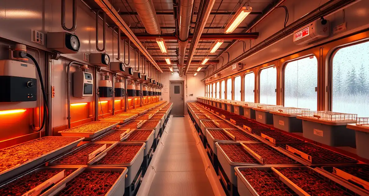 Winter heating infrastructure for commercial cricket farming Modern cricket farm facility with industrial heating systems maintaining optimal temperature conditions during winter months