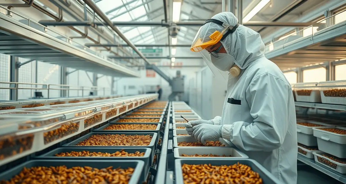 Workers compensation coverage at cricket farming operation Cricket farm worker inspecting containers in compliant facility with proper workers compensation safety measures and equipment