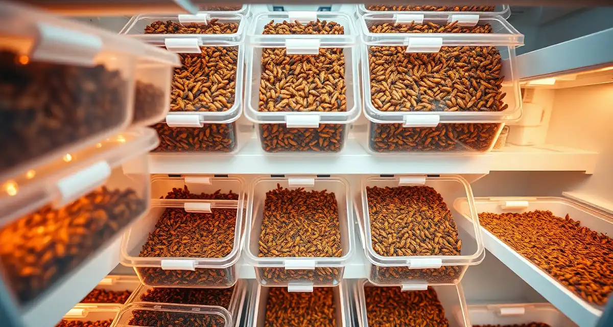 Professional cricket farming operation with standardized yield bins Cricket farm bins displaying optimal yield density and organization for insect protein production at commercial farming scale.