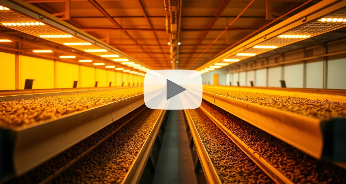 Cricket farm YouTube strategy and authority content building Modern cricket farming facility with organized bins and LED lighting demonstrating YouTube content strategy for cricket protein production businesses