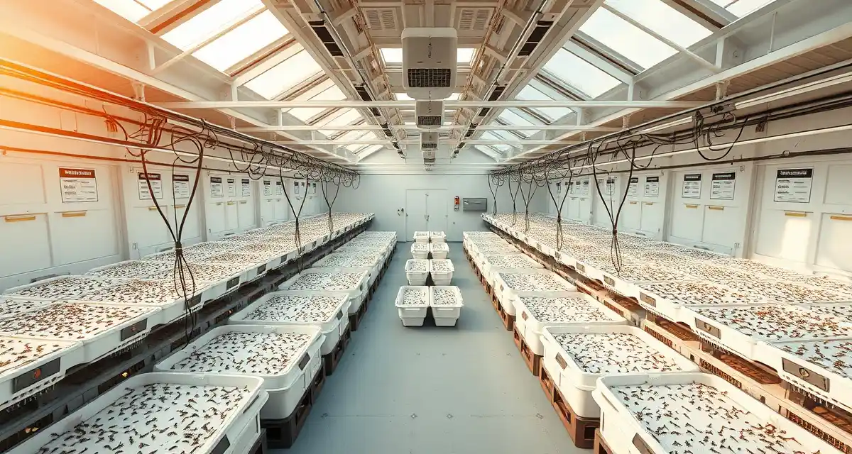 Indoor cricket farming facility meeting zoning and permit requirements Modern cricket farm facility interior showing organized rearing containers and climate control systems for regulated cricket farming operations