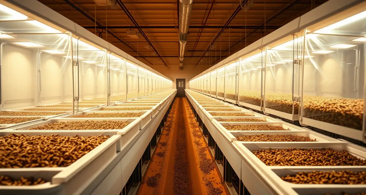 Arkansas cricket farm operation showcasing insect protein technology Modern cricket farming facility in Arkansas showing climate-controlled containers and insect protein production systems for sustainable agriculture.