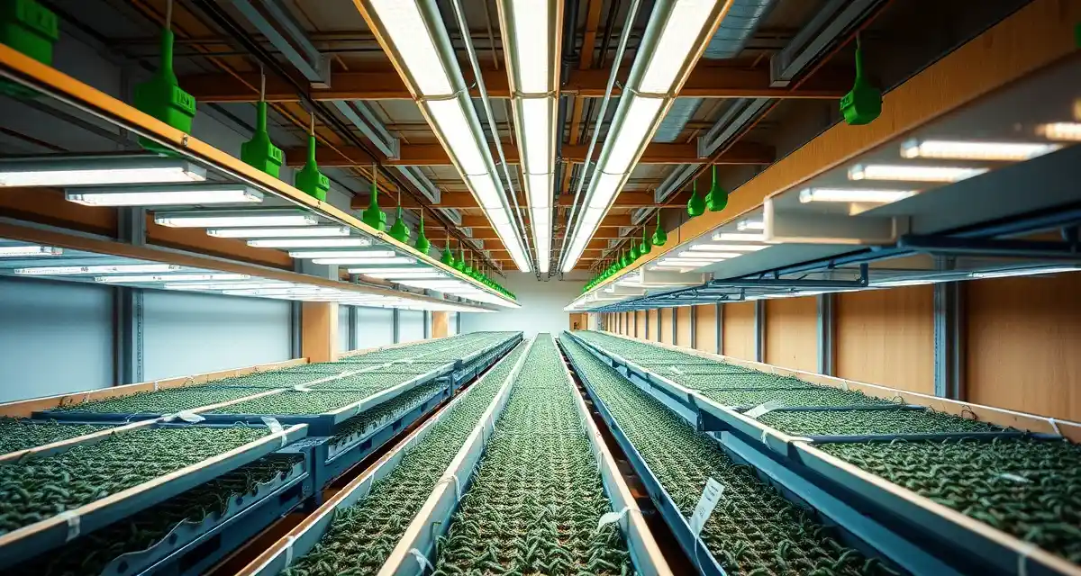 Canadian cricket farming operation Modern climate-controlled cricket farming facility in Canada with sustainable breeding containers and professional insect protein production infrastructure.