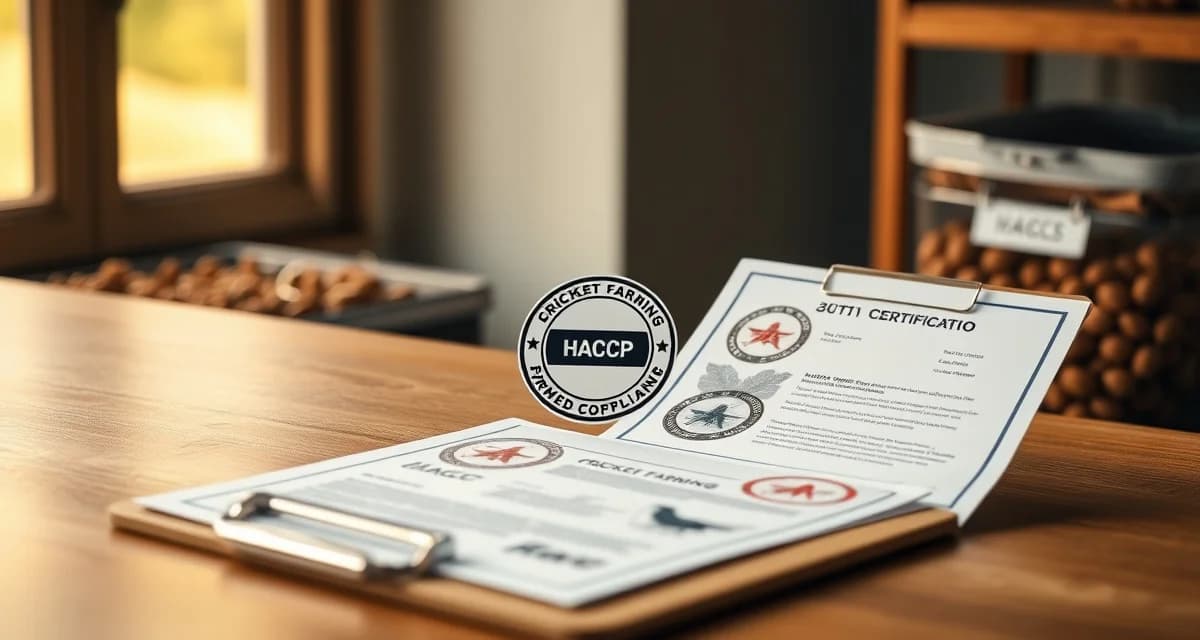 Certification pathway for cricket flour and insect protein producers Cricket farming certifications hierarchy showing food safety, product attribute labels, and sustainability credentials required for commercial operations.