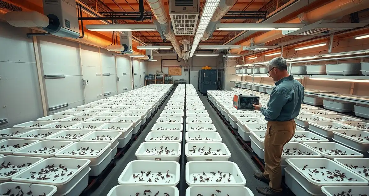 Essential equipment layout for cricket farming operations Cricket farming equipment setup showing organized bins and climate control systems for starter and commercial farm operations