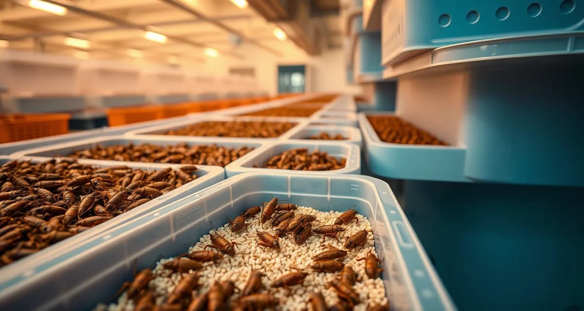 FCR optimization in commercial cricket farming operation Cricket farming bins showing feed conversion ratio optimization in a professional insect protein production facility with organized growing containers