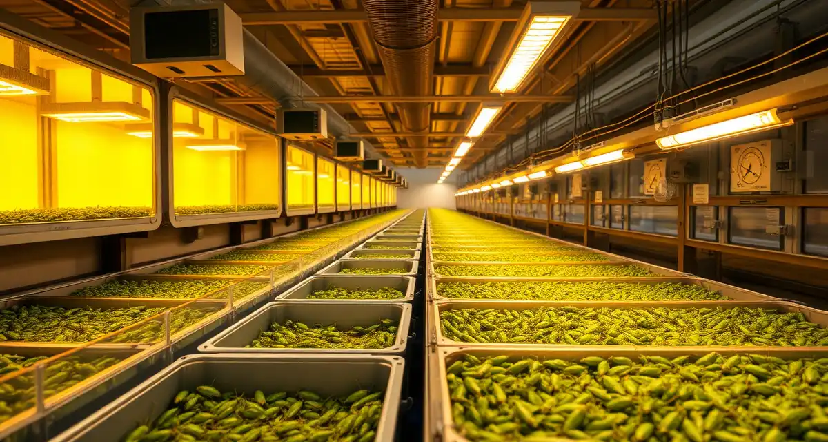 Florida cricket farming facility with climate management technology Modern cricket farming facility in Florida with temperature and humidity control systems managing year-round insect protein production operations