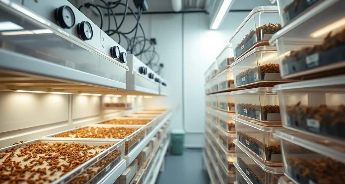 Indoor cricket farm climate control system Climate-controlled cricket farming facility with temperature and humidity monitoring equipment for humid continental climate management.