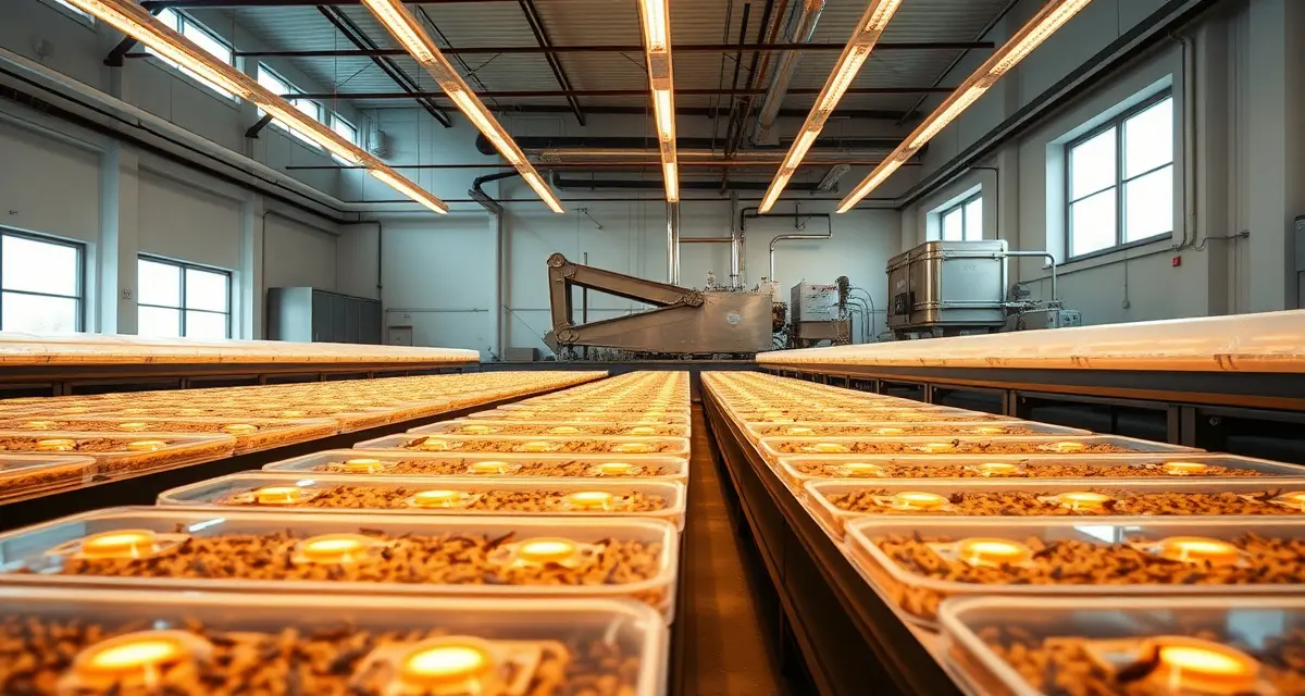 Illinois cricket farm operation setup Indoor cricket farming facility in Illinois showcasing modern insect protein production systems with controlled climate containers and processing equipment.