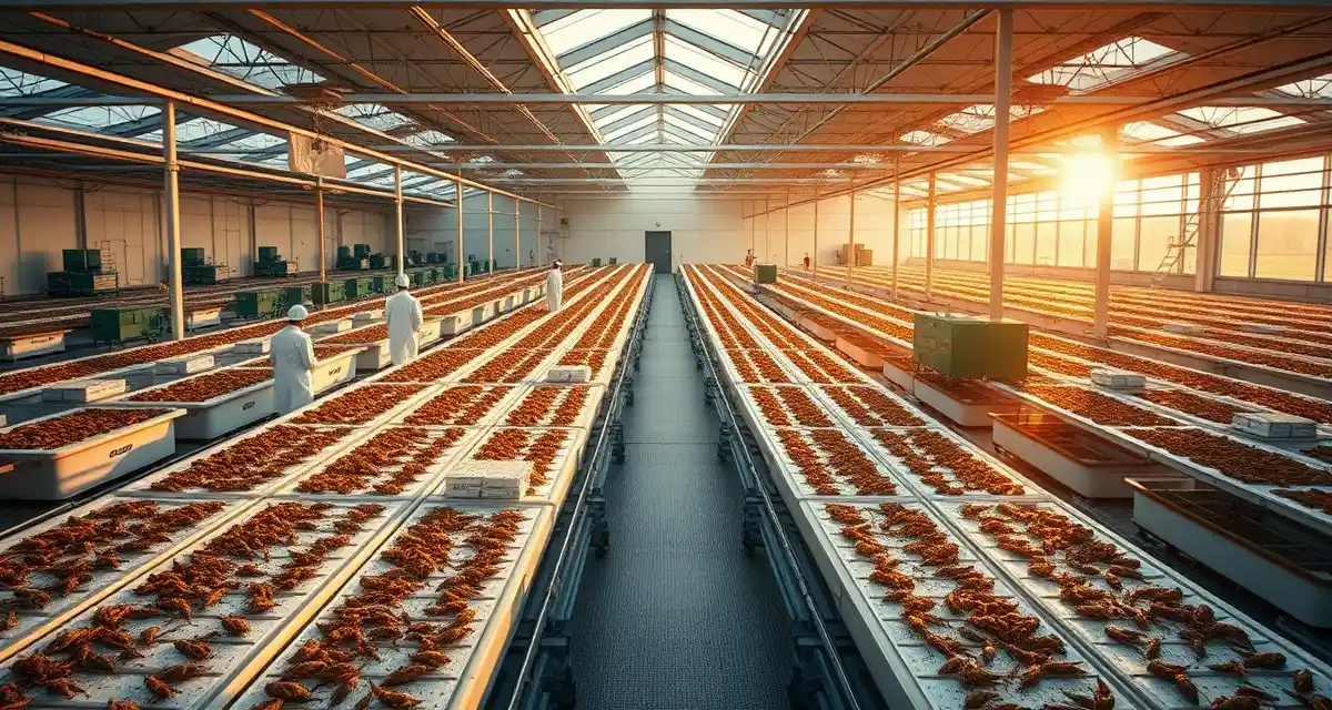 Indiana cricket farm production facility Modern indoor cricket farming facility in Indiana showing climate-controlled production systems and sustainable insect protein operations
