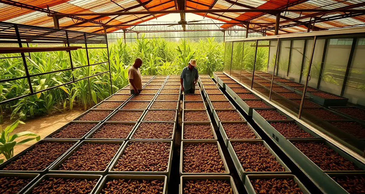 Cricket farming operation advancing global food security Modern cricket farming facility supporting international development and food security in emerging markets with sustainable insect protein production