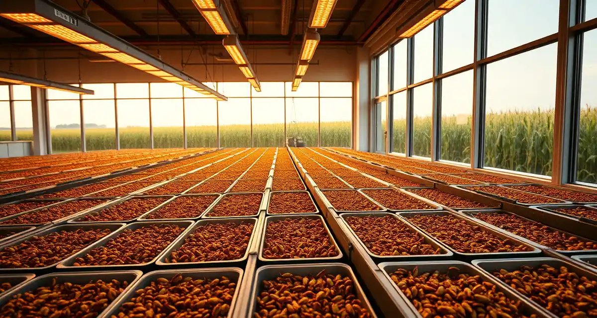 Iowa Cricket Farm Indoor Production Facility Modern cricket farming facility in Iowa with sustainable insect protein production containers and equipment for commercial farming operations.