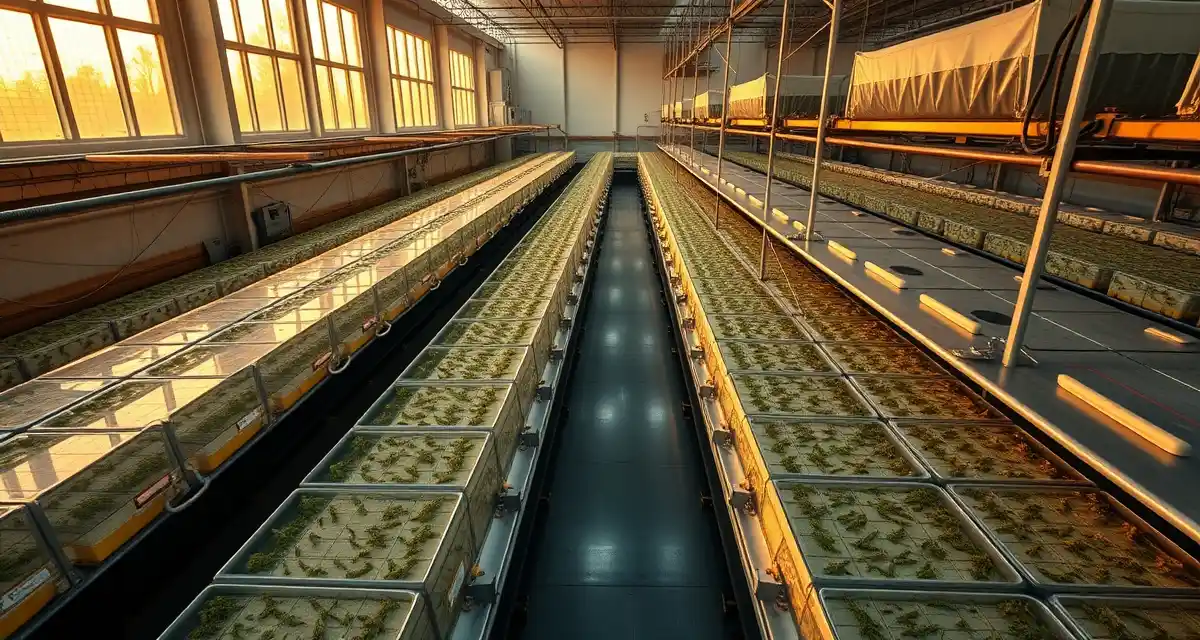 Kansas commercial cricket farming operation Modern indoor cricket farming facility in Kansas with climate-controlled production systems and optimal growing conditions for insect protein