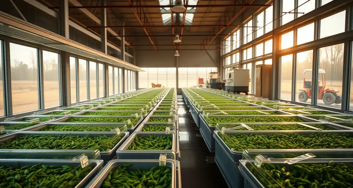 Kentucky cricket farming operation with advanced insect cultivation systems Modern cricket farming facility in Kentucky showing climate-controlled enclosures for insect protein production with natural lighting and professional agricultural setup