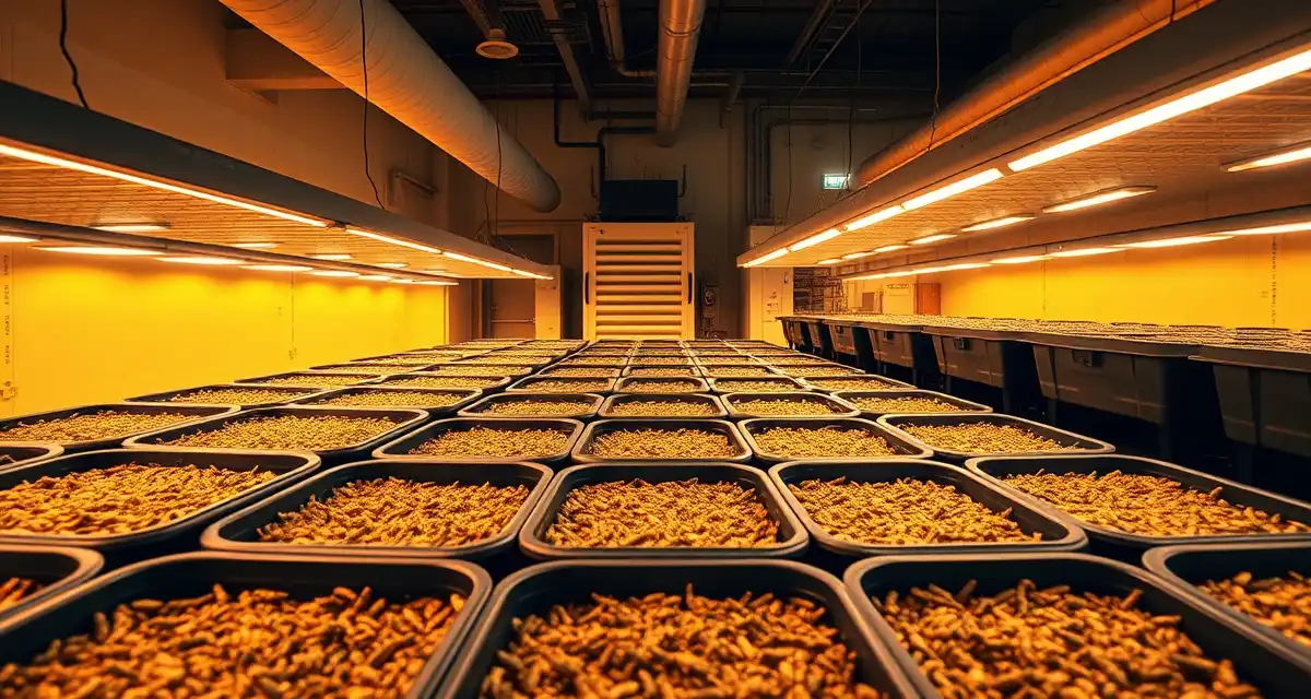 Louisiana cricket farm interior with humidity control Modern cricket farming facility in Louisiana with climate control systems and growing containers for insect protein production in humid subtropical conditions.