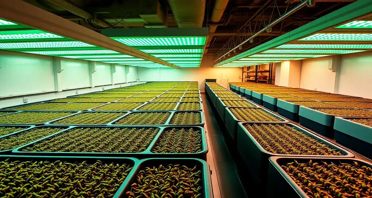Massachusetts Cricket Farm Technology Modern indoor cricket farming operation in Massachusetts with climate-controlled growing bins and LED lighting systems for insect protein production