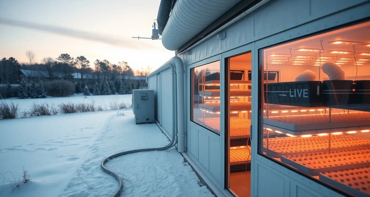 Cricket farm facility built for Minnesota winters Modern insulated cricket farming facility in Minnesota designed for extreme cold management with redundant heating systems during winter months.