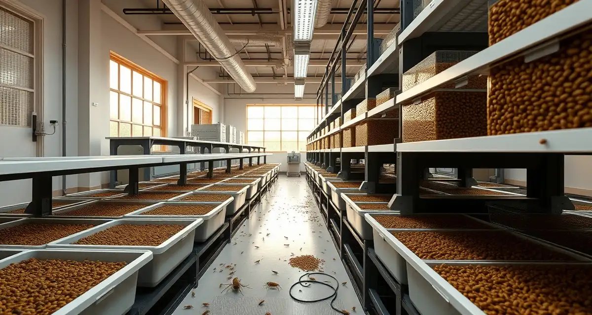 Mississippi cricket farming startup facility Modern cricket farming facility in Mississippi showcasing climate-controlled growing containers for insect protein production operations.