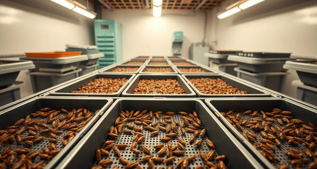 Cricket farming best practices setup Organized cricket farming bins with proper spacing and temperature control equipment to avoid common mistakes in cricket farming operations.