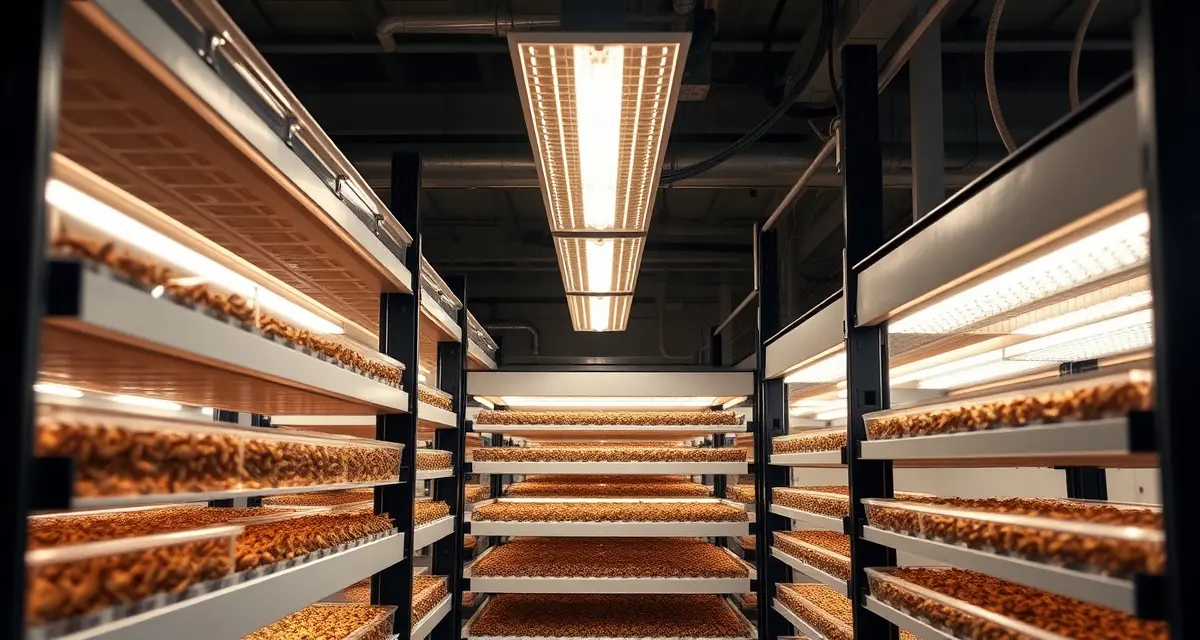 Indoor cricket farm operations in New Jersey Modern cricket farming facility in New Jersey with vertical farming racks and controlled environment agriculture systems for insect protein production.