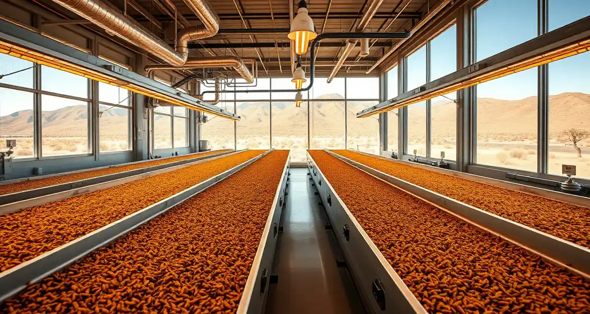 Cricket farming facility with humidity control in New Mexico Climate-controlled cricket farming bins with humidification systems designed for New Mexico's arid high desert environment near Albuquerque