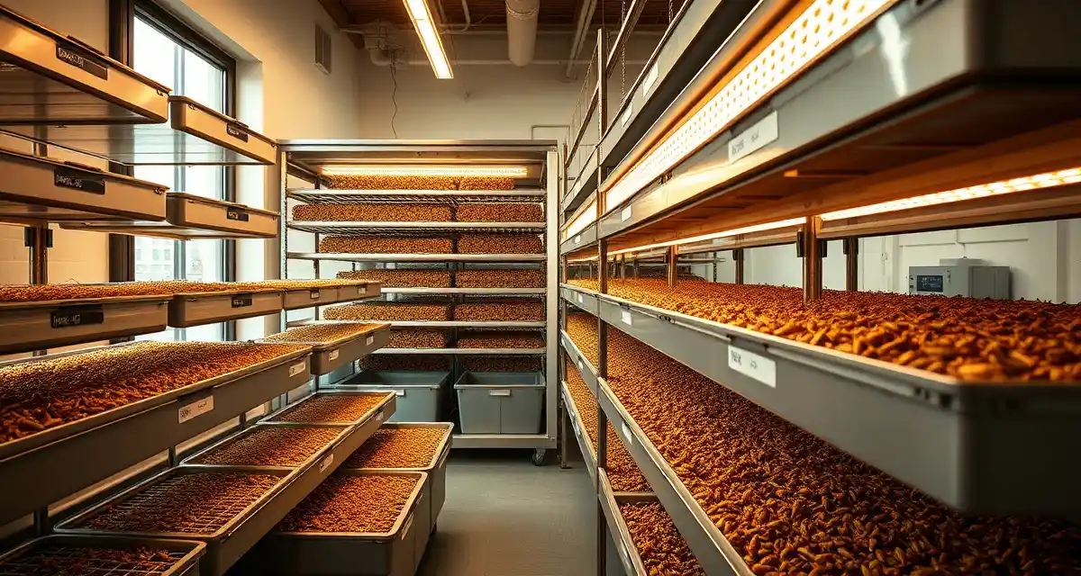NYC urban cricket farming setup Indoor cricket farming facility demonstrating urban agriculture operations in New York with controlled environment systems for insect protein production.