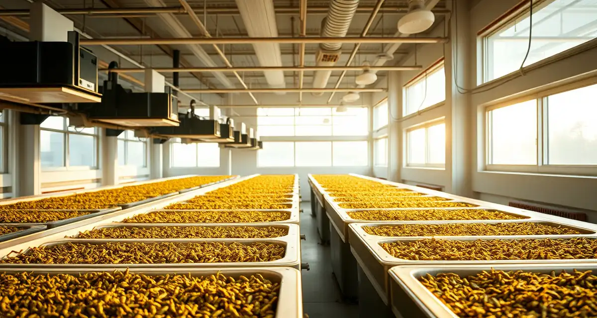 North Carolina cricket farming operation setup Modern cricket farming facility in North Carolina showcasing sustainable insect protein production systems and climate-controlled operations