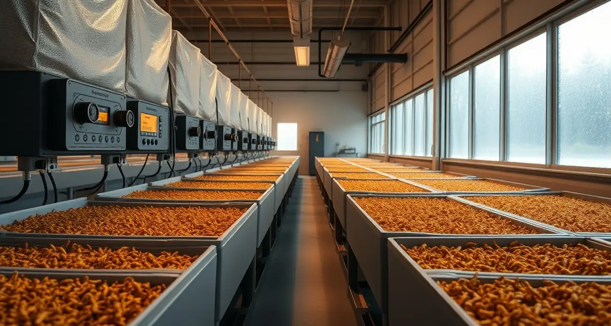 Climate-controlled cricket farming facility Cricket farming operation in oceanic climate region showing controlled temperature and humidity management systems for Pacific Northwest insect protein production