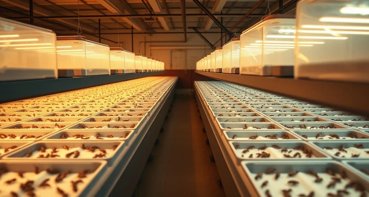 Modern cricket farming facility in Midwest Indoor cricket farming operation in Ohio showing controlled environment agriculture setup for insect protein production.