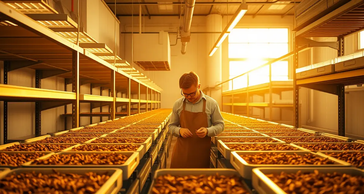 Professional cricket farming facility with proper bin organization and environmental controls Modern cricket farming operation showing organized rearing bins with LED lighting and sustainable protein production setup for commercial insect farming.