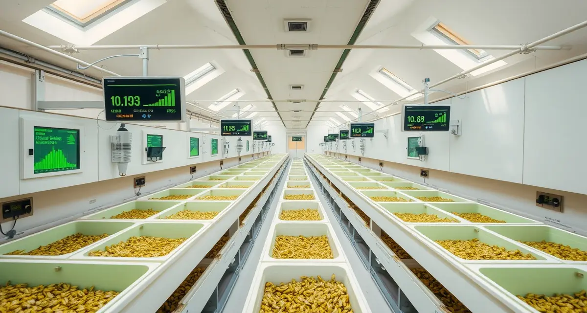 Cricket farm operations management technology Modern cricket farming facility with organized bins and digital monitoring systems for insect protein production operations