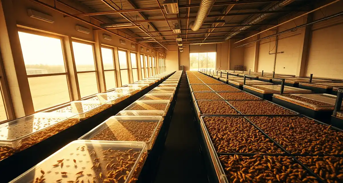Texas cricket farming operation facility interior Modern cricket farming facility in Texas with organized breeding containers and climate-controlled environment for insect protein production.