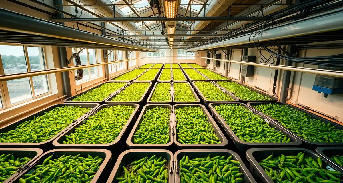 Virginia cricket farming operation meeting commercial feed regulations Modern cricket farming facility in Virginia showing controlled environment agriculture setup for insect protein production with proper VDACS compliance infrastructure.
