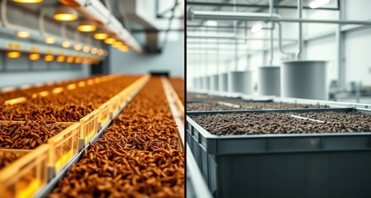 Insect protein farming comparison guide Side-by-side comparison of cricket farming and black soldier fly farming operations showing different insect protein production methods and facility setups.