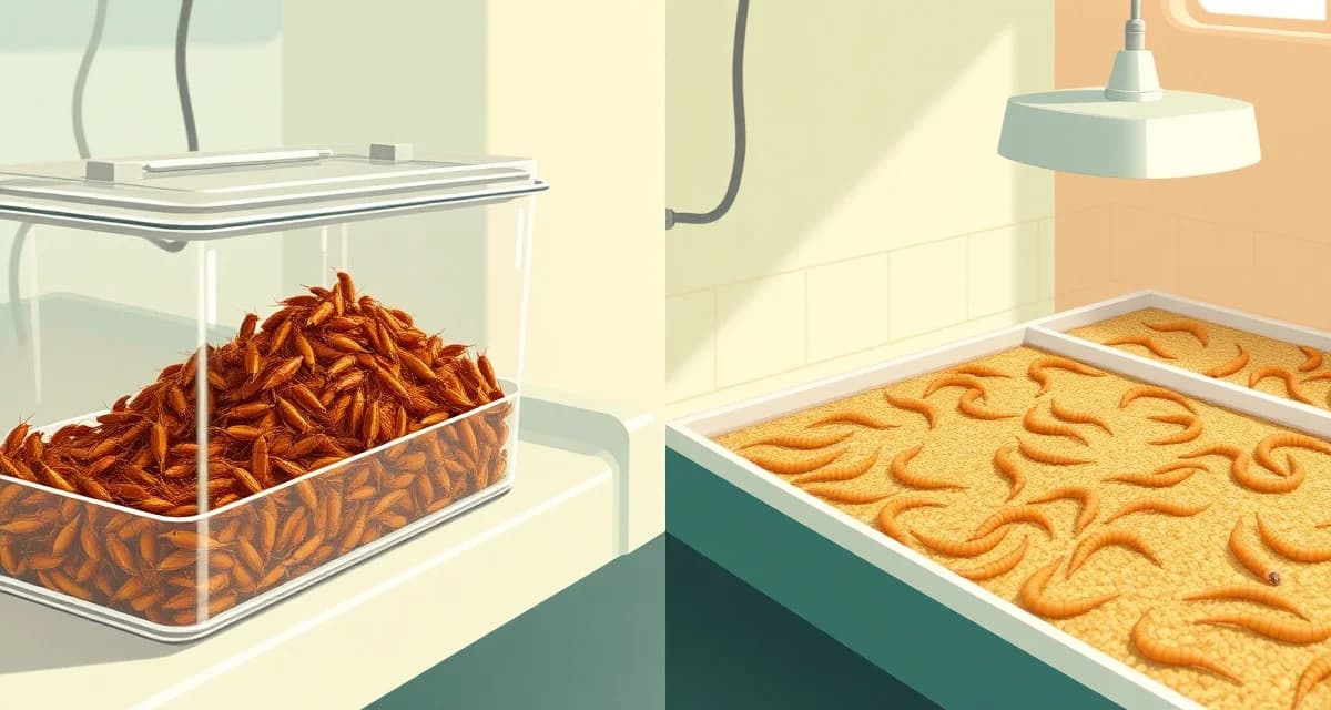 Insect protein farming comparison guide Side-by-side comparison of cricket farming and mealworm farming operations showing different farming setups and insect protein production methods.