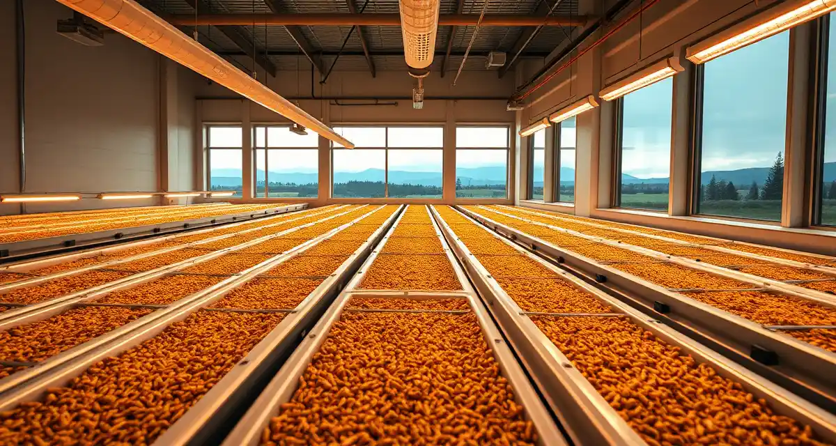 Indoor Cricket Farm Operations Pacific Northwest Modern cricket farming facility in Washington State showing climate-controlled production systems for insect protein cultivation