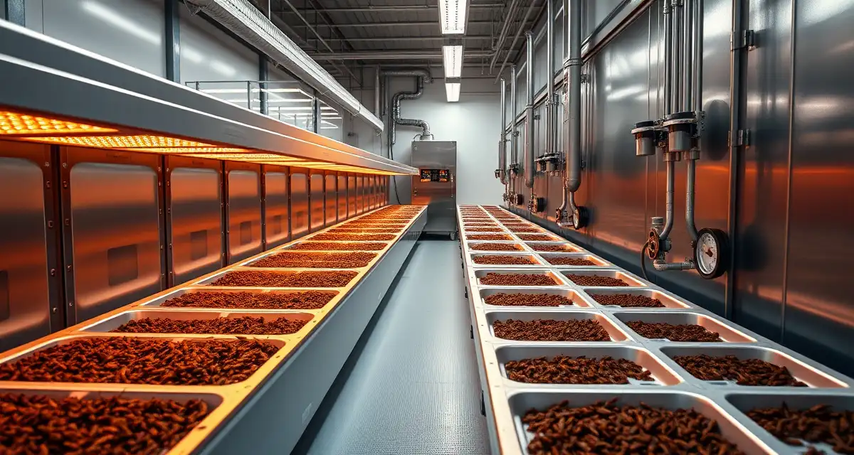 Wisconsin cricket farming operation with sustainable insect production technology Modern indoor cricket farming facility in Wisconsin showing climate-controlled containers and precision insect protein production equipment.