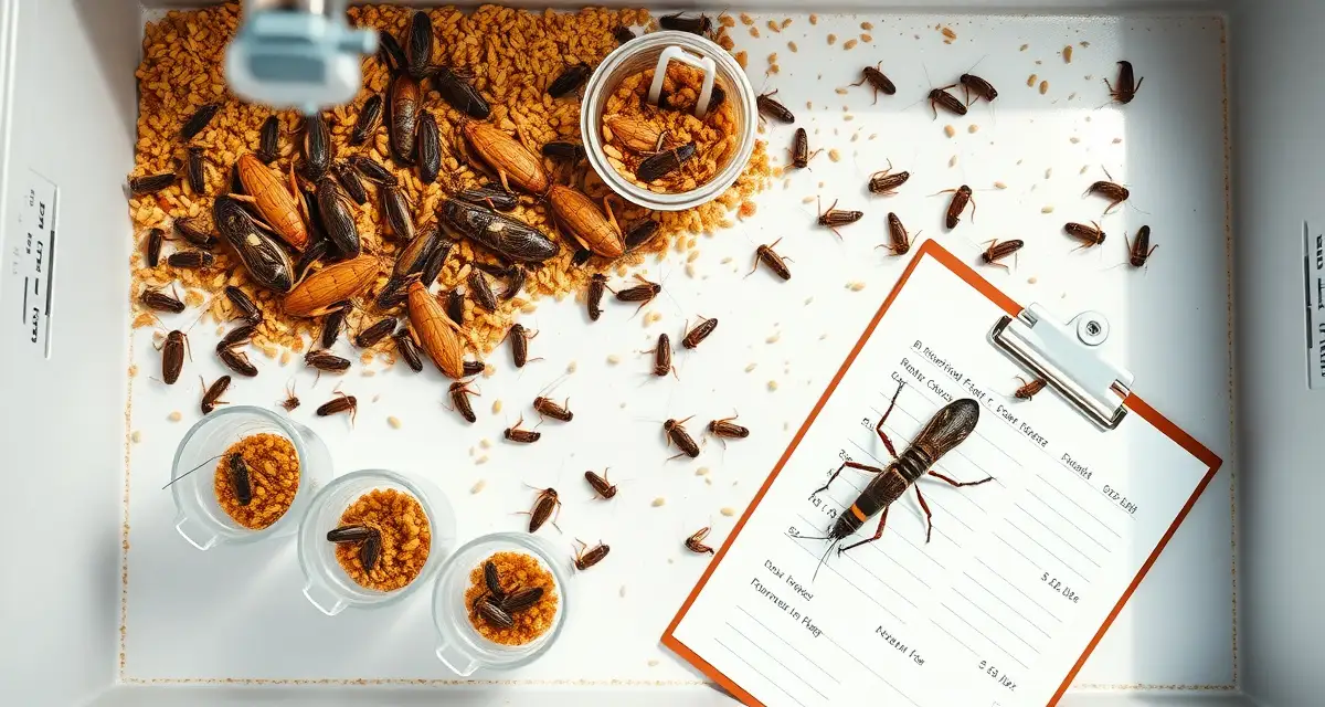 Feed conversion ratio measurement for cricket farming operations Cricket farm bin showing feed conversion ratio measurement setup with insects and feed portions for FCR calculation and monitoring.