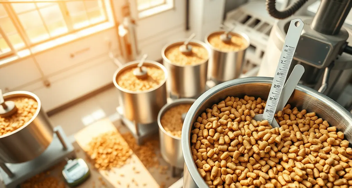 Calculating feed costs in commercial cricket farming operations Cricket farm feed cost calculation showing premium feed pellets and measurement tools for determining cost per pound of cricket production