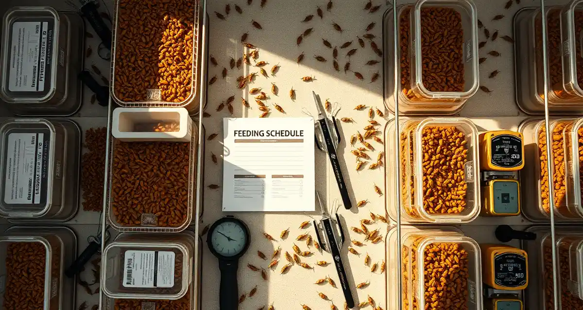 Cricket farm feeding station with schedule optimization tools Optimized cricket feeding schedule setup showing life-stage specific feed portions and timing for improved feed conversion ratio