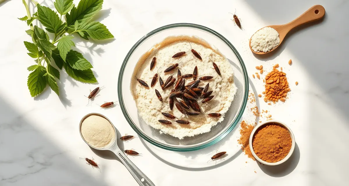 Cricket flour and whole insects for protein business Cricket flour in a glass bowl with whole crickets and protein ingredients, representing cricket protein production for farming operations.