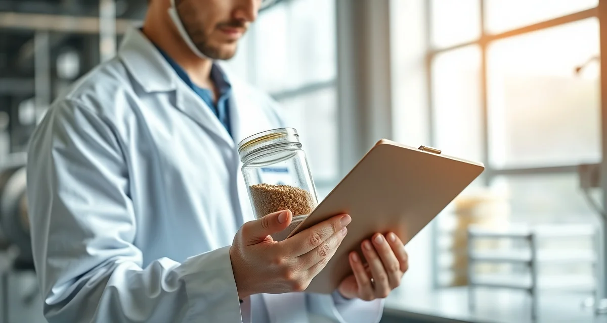 COA documentation quality control process Laboratory technician examining cricket flour certificate of analysis documentation in professional insect protein production facility