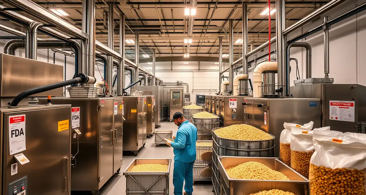 Professional cricket flour co-packing and production facility Modern cricket flour co-packing facility with stainless steel equipment and FDA-compliant processing machinery for scaling insect protein production.